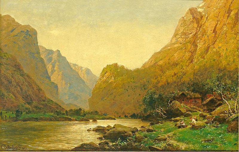 Carl jun. Oesterley Carl Oesterley jr. Romantische Flusslandschaft mit Personenstaffage an einem prachtvollen Sommertag oil painting picture